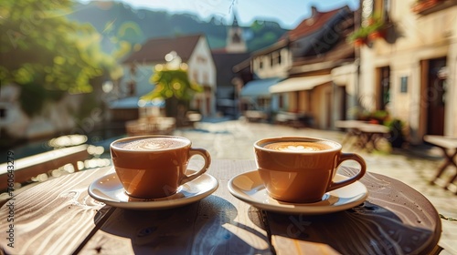 Cup of coffee on cafe table and city town street wallpaper background photo