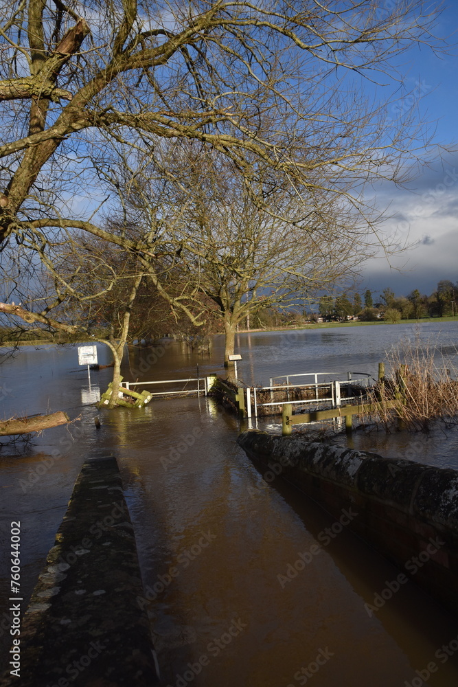 the flooded landscape at Pershore at the beginning of the year 2024