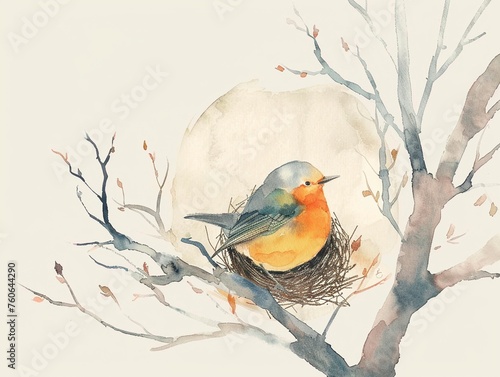 A serene minimalist watercolor illustration of a small vibrant bird nesting in a clean pastel tree hollow the clean background emphasizing the quiet start of a new day © Chano_1_na