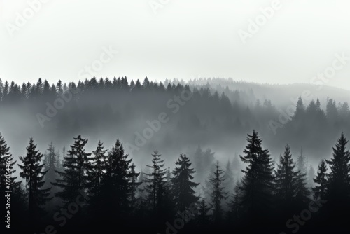 Ethereal hyper realistic british landscape of misty mountain and trees in panoramic view