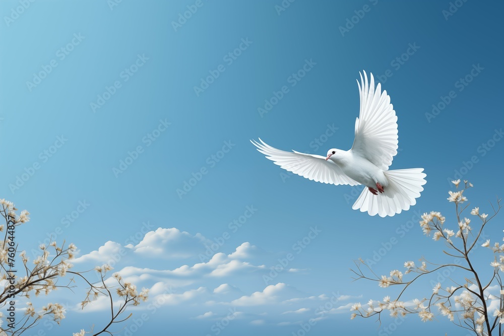 Obraz premium white dove flying free on light and soft blue and white background for freedom and relax design