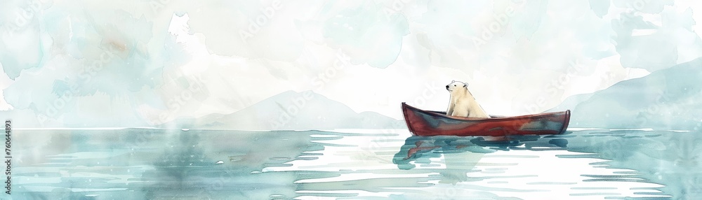 Alone, a polar bear on a boat basks in the silent, sunlit sea, a peaceful traveler in vast waters, cute watercolor minimalist style