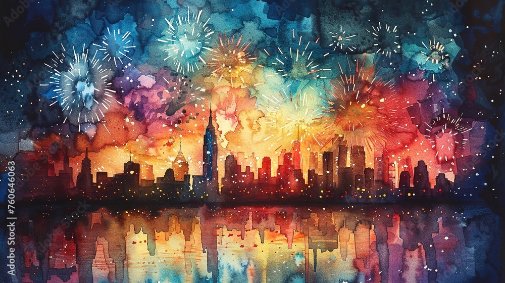 vibrant watercolor of Fourth of July fireworks over the city skyline 