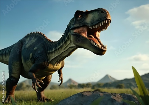 Dinosaurs in the Triassic period age in the green grass land and blue sky background, Habitat of dinosaur, history of world concept.