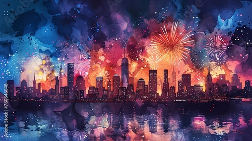 vibrant watercolor of Fourth of July fireworks over the city skyline