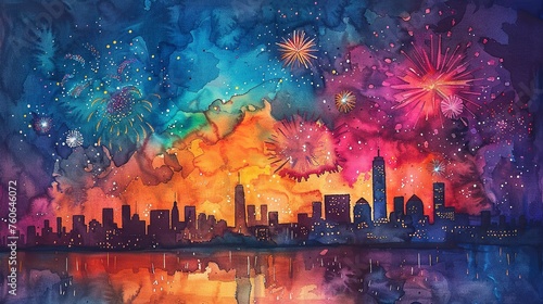 vibrant watercolor of Fourth of July fireworks over the city skyline 