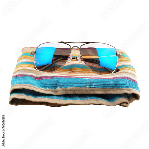 Trendy Sunglasses on a Beach Towel isolated on transparent background. Summer Essentials beach vibes cutout PNG