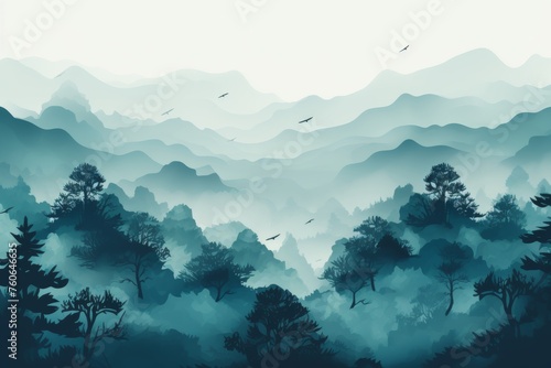 Ethereal hyper realism british mountain with fog and trees in spectacular panoramic view