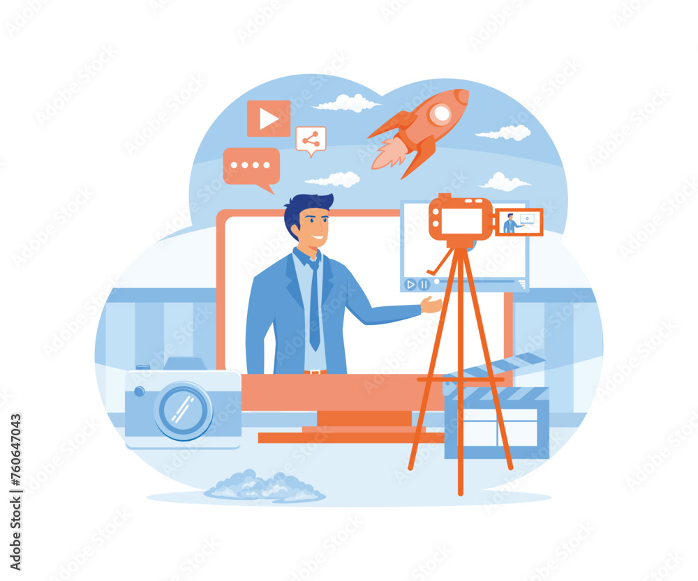 Video content creator for social media. With its tools, camera, microphone, and additional icons. flat vector modern illustration Video content creator for social media. With its tools, camera, microphone, and additional icons. flat vector modern illustration