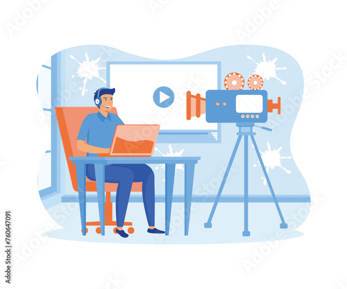 Video vlogger production, content creator landing page website. flat vector modern illustration