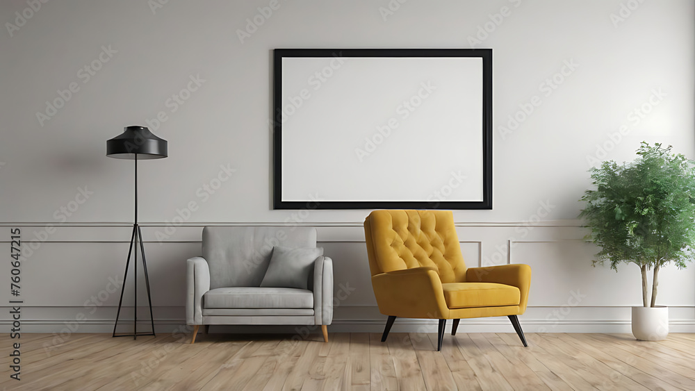 an armchair on a light background with an empty frame on the wall. mockup in a modern minimalist interior an armchair on a light background with an empty frame on the wall. mockup in a modern minimalist interior