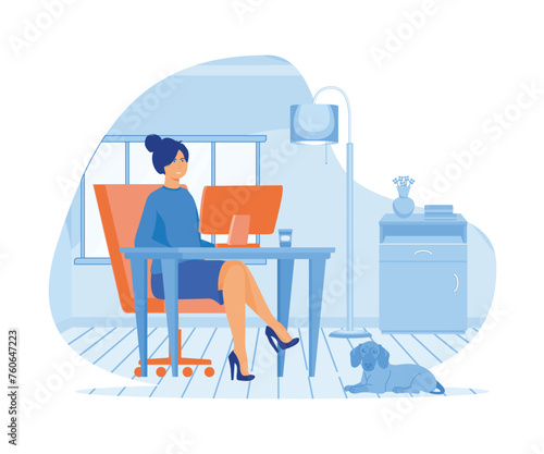 Woman working from home and talking with colleagues online. Woman sitting at desk in room, looking at computer screen. flat vector modern illustration