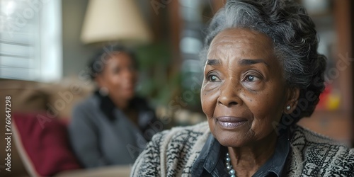 Elderly African American woman and adult reflecting on lasting family connections. Concept Family Bonds, Generations, Memories, Reflection, Heritage