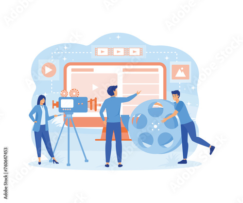 Creative professionals team animators, designers creating animated movie. Animation and motion graphics studio, animation industry. flat vector modern illustration
