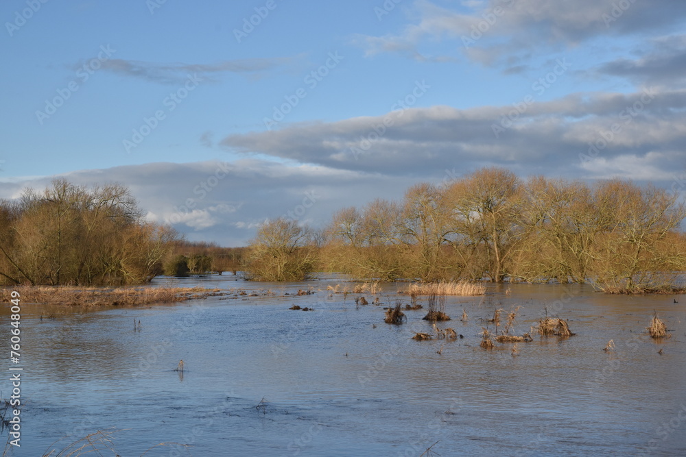 the flooded landscape at Pershore at the beginning of the year 2024