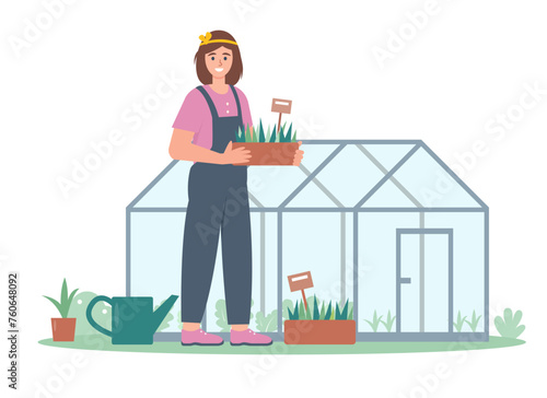 Young woman with plants near greenhouse in garden. Gardening and harvesting concept. Flat vector illustration on white background.