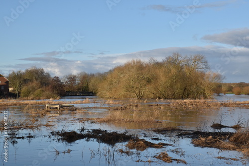the flooded landscape at Pershore at the beginning of the year 2024