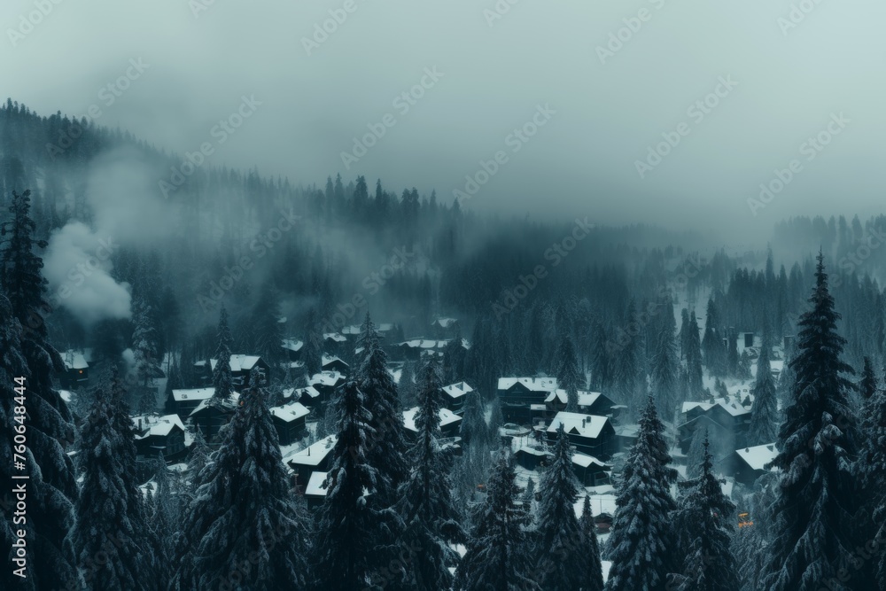 Hyper realistic mountain landscape  ethereal british panorama with fog and trees - obrazy, fototapety, plakaty 