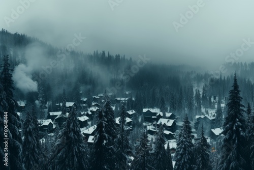 Hyper realistic mountain landscape ethereal british panorama with fog and trees