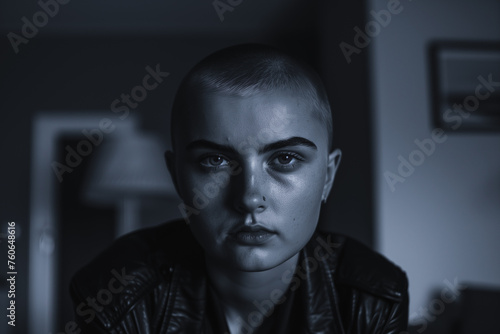 Portrait of Woman with Short Hair in Low Light