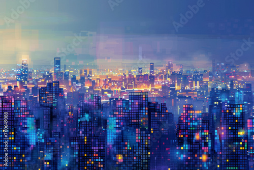Building and City Illustration, City scene on night time. Illustration made of little squares.