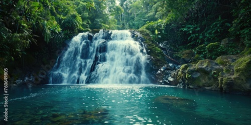 Jungle Waterfall Cascade in Tropical Rainforest with Turquoise Blue Pond and Rocky Surroundings. Discover Banyumala - The Twin Waterfall