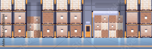 Horizontal warehouse interior banner. No people logistic hangar flat vector illustration