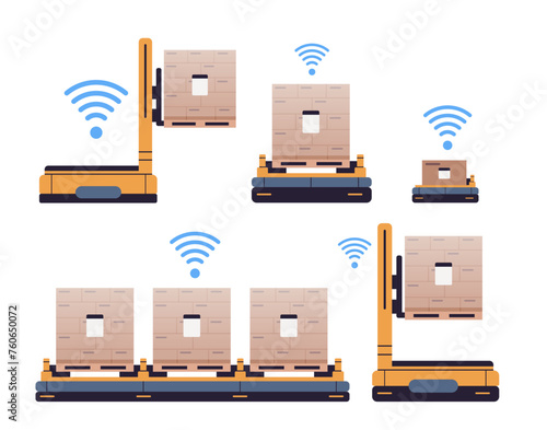 Automated robotic loaders set on isolated background. Forklift drones vector illustration