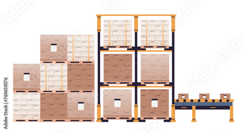 Automated warehouse storage shelf with conveyor belt. Automatization innovation flat vector illustration
