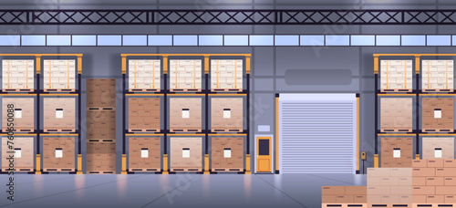 Big modern warehouse interior with shelves and pallet boxes. Cargo storage flat vector illustration