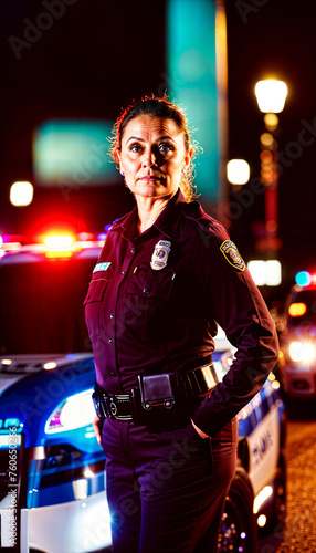 photo of middle aged police officer law enforcement standing in front of police car at night with back light, generative AI