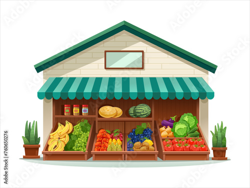 Fruit and vegetable store. Trade tent. Vector illustration on white background