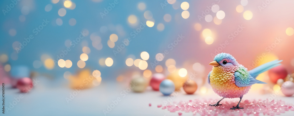 Colourful cute bird with crystal & blurred bokeh valentine christmas background. banner pastel color with copy space Colourful cute bird with crystal & blurred bokeh valentine christmas background. banner pastel color with copy space