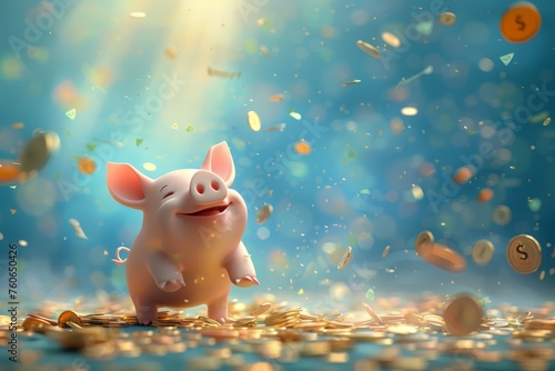 Cute piggy bank floating in the air, smiling and happy with coins falling around it on a blue background. 