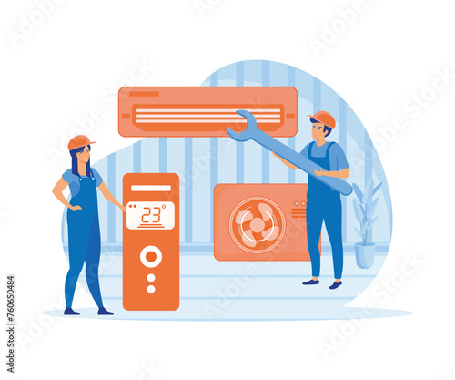 Professional service for repair of air conditioners. Maintenance, installation of cooling systems. Warranty repair and cleaning, replacement of filters. flat vector modern illustration