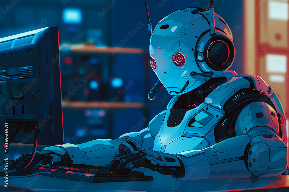 Robot Using Computer in Blue Light Robot Using Computer in Blue Light