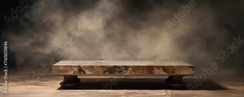 a large beige marble coffee table in the background, in the style of smokey background, mysterious atmosphere