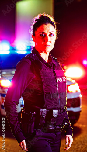 photo of middle aged police officer law enforcement standing in front of police car at night with back light, generative AI