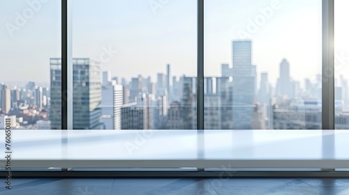Desk wooden table workplace on city megapolis skyscrapers wallpaper background