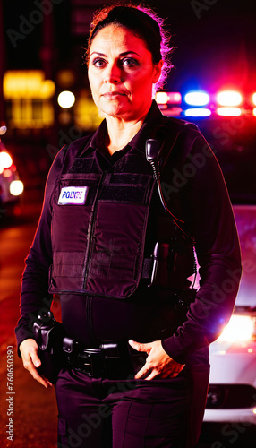 photo of middle aged police officer law enforcement standing in front of police car at night with back light, generative AI