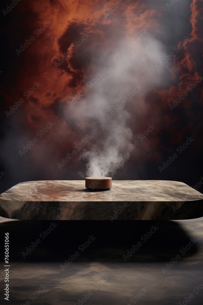 a large Burgundy marble coffee table in the background, in the style of smokey background, mysterious atmosphere