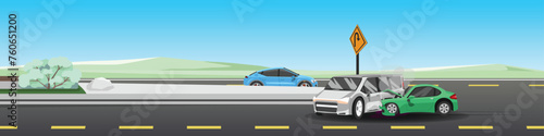 Vector or Illustrator of car accident on the asphalt road. Making a U-turn to cut directly in front of a car. Sport car crash to the middle of the van.