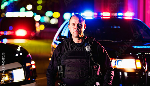 photo of middle aged police officer law enforcement standing in front of police car at night with back light, generative AI