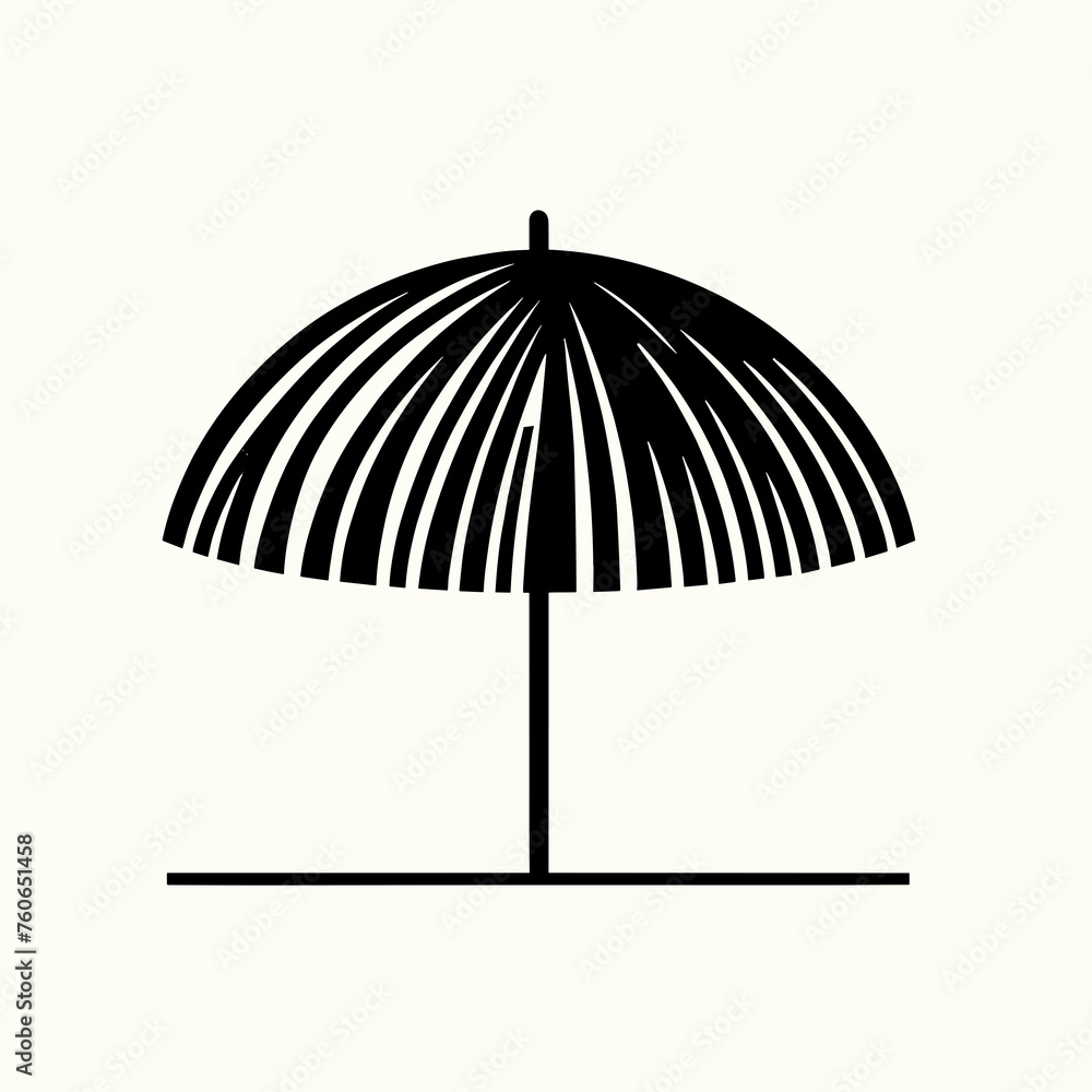 Black and White Striped Beach Umbrella, Simple Iconic Illustration