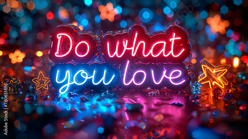 Do what you love. Motivational neon words text inscription on a blurred background. 