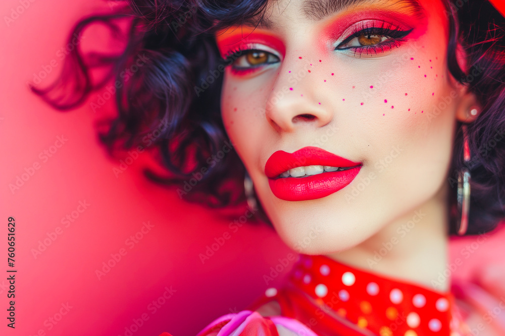 Obraz premium Transgender individual presenting with male facial characteristics, adorned with makeup. Trans woman.