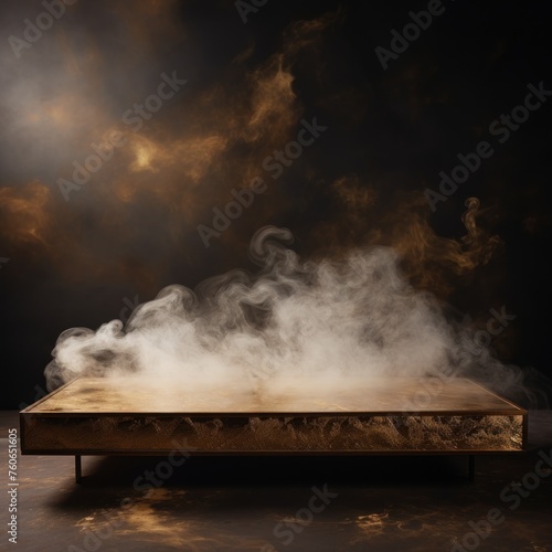 a large Gold marble coffee table in the background, in the style of smokey background