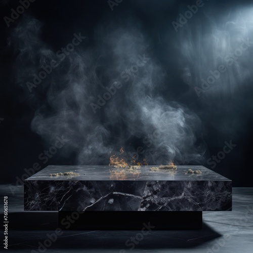 a large Gray marble coffee table in the background, in the style of smokey background