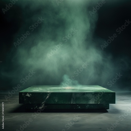 a large Green marble coffee table in the background, in the style of smokey background
