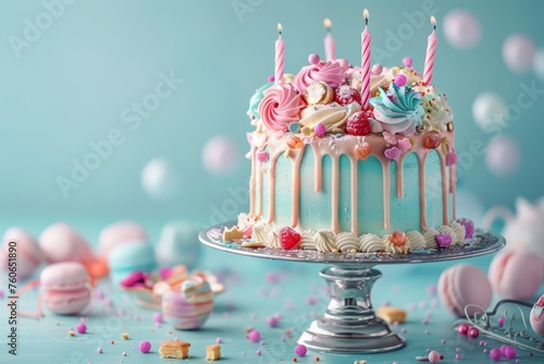 A beautifully decorated birthday cake with candles and decorations on top, set against a pastel blue background.  photo
